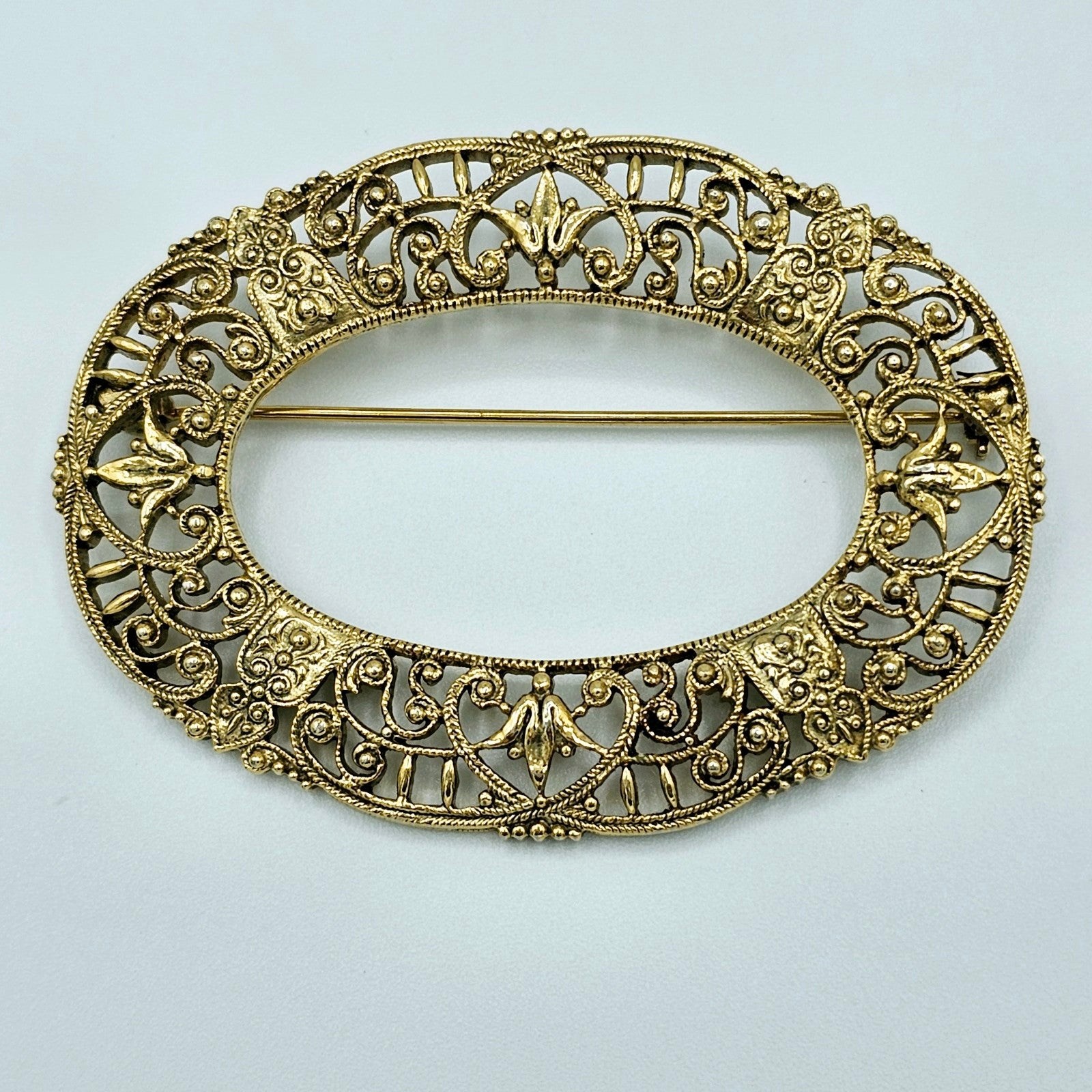 Victorian Brooch Sash Scarf Pin Filigree Vintage Scroll Oval Frame Large 24$